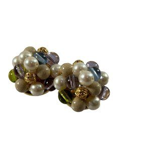Vintage Liz Claiborne Clip On Cluster Earrings Faux Pearl Gold Tone Purple Blue